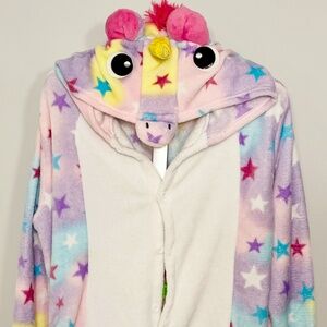 Rainbow Star Unicorn Hooded Onesie Pajamas – Plush Fleece, Adult Size S/M